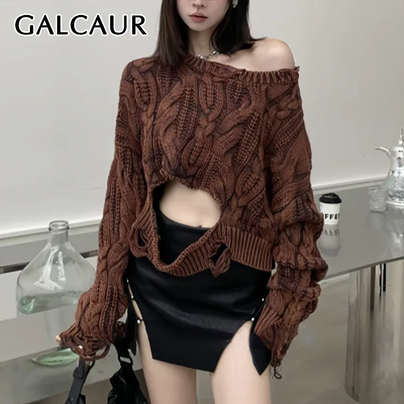 GALCAUR Hollow Out Loose Casual Sweater For Women Diagonal Collar Long Sleeve Irregular High Street Knit Sweaters Female Fashion