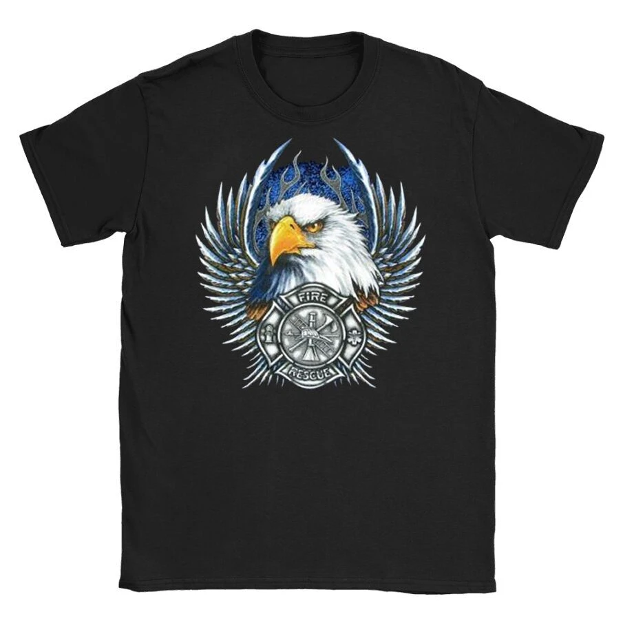 Fire Department Shield Badge Bald Eagle Flames Printed Fireman T-Shirt. Summer Cotton Short Sleeve O-Neck Mens T Shirt New S-3XL