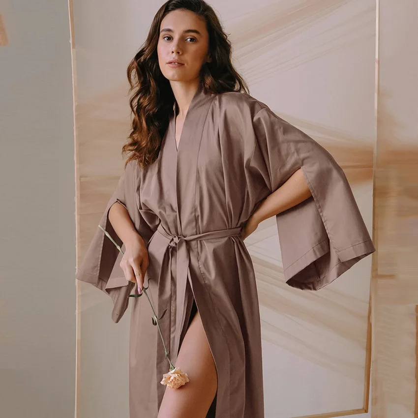 Loose Bathrobe Female Cotton Three Quarter Sleeve Sleepwear Sashes 2023 Spring Casual Robes For Women Solid Woman Clothes