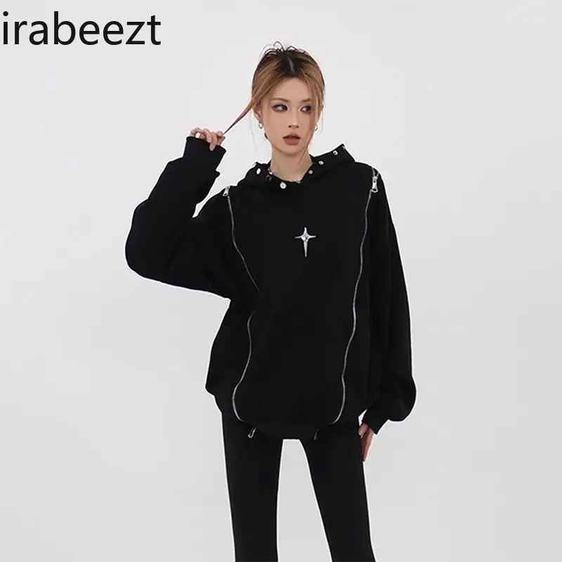 American Fashion Retro Oversize Coat Slouchy Design with Zipper National Trend College Style Hoodie Loose Fit Sweatshirt