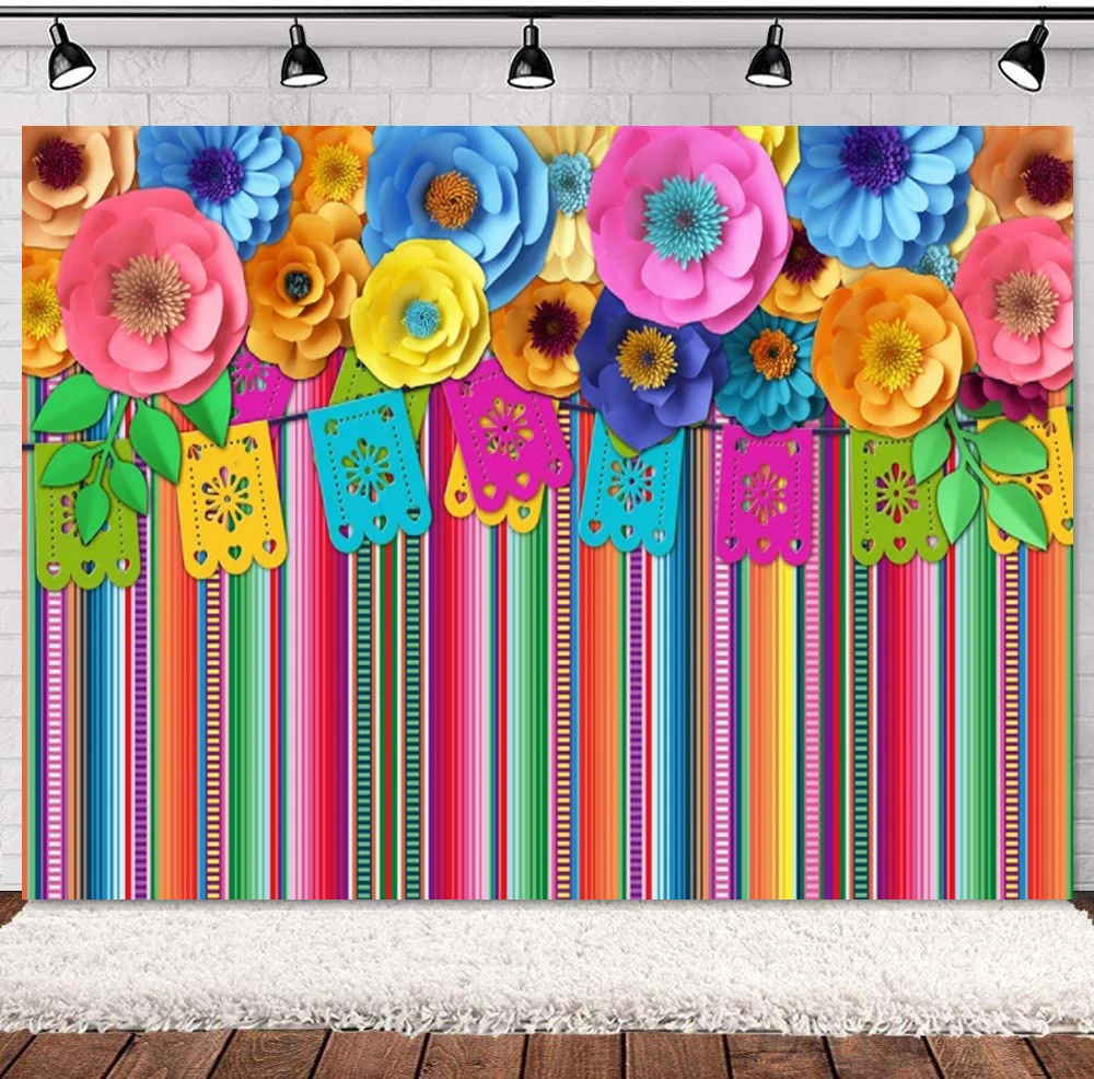 Fiesta Theme Party Photography Backdrop Cinco De Mayo Colorful Stripes Paper Flowers Festival Birthday Baby Shower Background