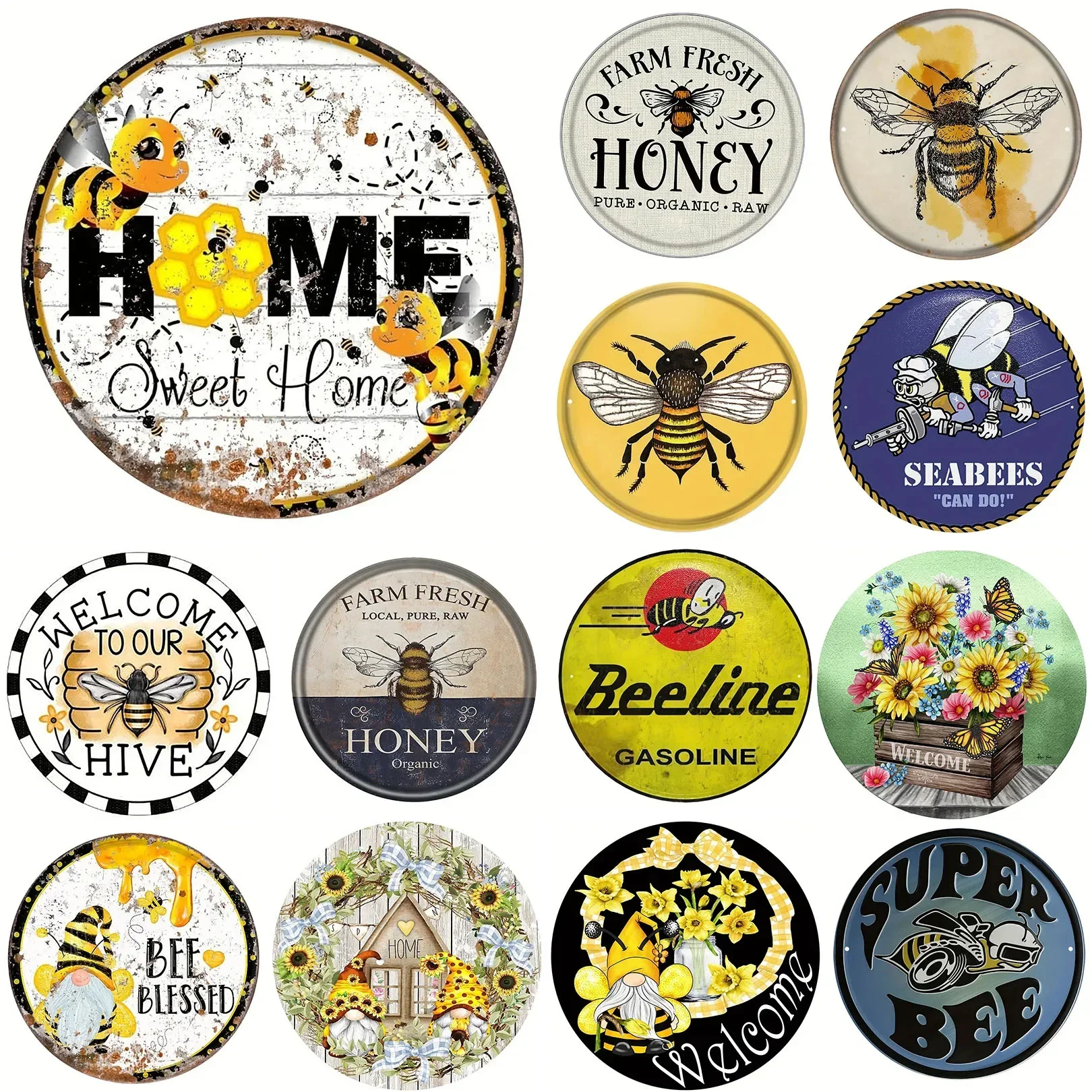 Welcome Bee Honey Round Retro Metal Tin Signs Nostalgic Iron Painting Novelty For Cafe Bar Garage Bar Kitchen Garden Wall Decor