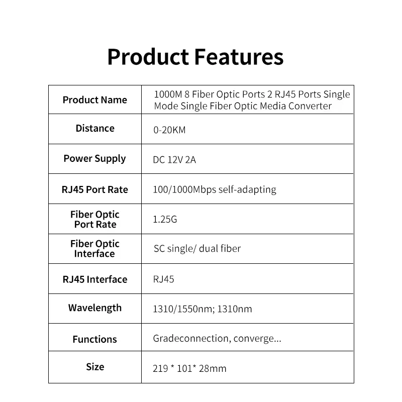 1000Mbps 8 Fiber 2 RJ45 Gigabit Media Converter, 8 SC Port Fiber Optic Switch, 20KM Single Mode Transceiver for FTTH