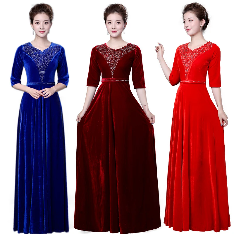 DLH-80#Evening Dress Long Middle-aged Elderly Women Performance Clothes Costume Burgundy Blue Red Gold Velvet Fabric Hot Drill