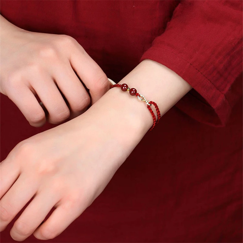 Handmade Braided Imitation Cinnabar Infinity Symbol Bracelets for Women Men Simple Red Rope Peach Blossom Transfer Bead Bracelet