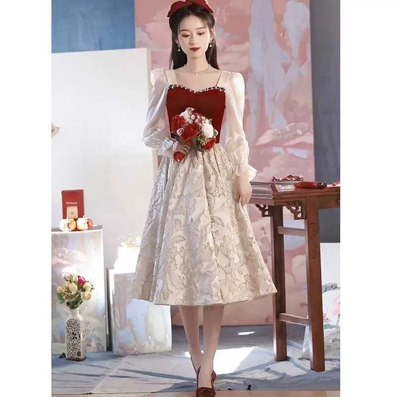 

Ele Wedding Dr for Engagement Par Birthday Celebration Host Performance A-Line Skirt Long Sve Mid-Waist Faion