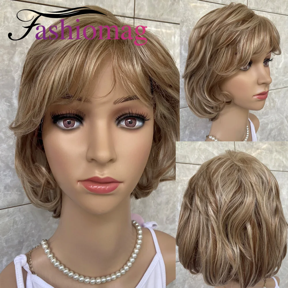 

Fashiomag Short Layered Wavy Cut Blonde Mix Human Hair Blend Heat Ok Wigs Women Soft Natural Daily Use