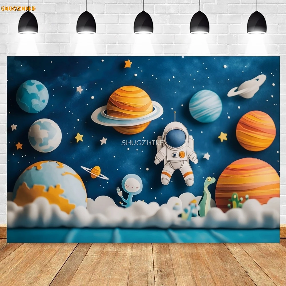 Sfondo astronauta razzo Pianeti cosmici Stelle Nuvole Baby Shower Bambini Festa di compleanno Sfondo fotografico Puntelli per studio fotografico