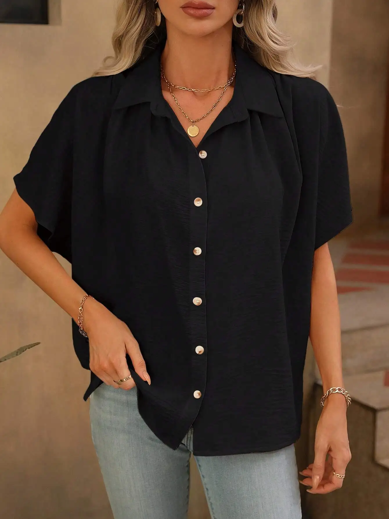 อเมริกันยุโรปใหม่แฟชั่น 2025 ฤดูร้อนผู้หญิงสบายๆอินเทรนด์แขนสั้น Turn-Down COLLAR รหัสสีเสื้อหญิงเสื้อ