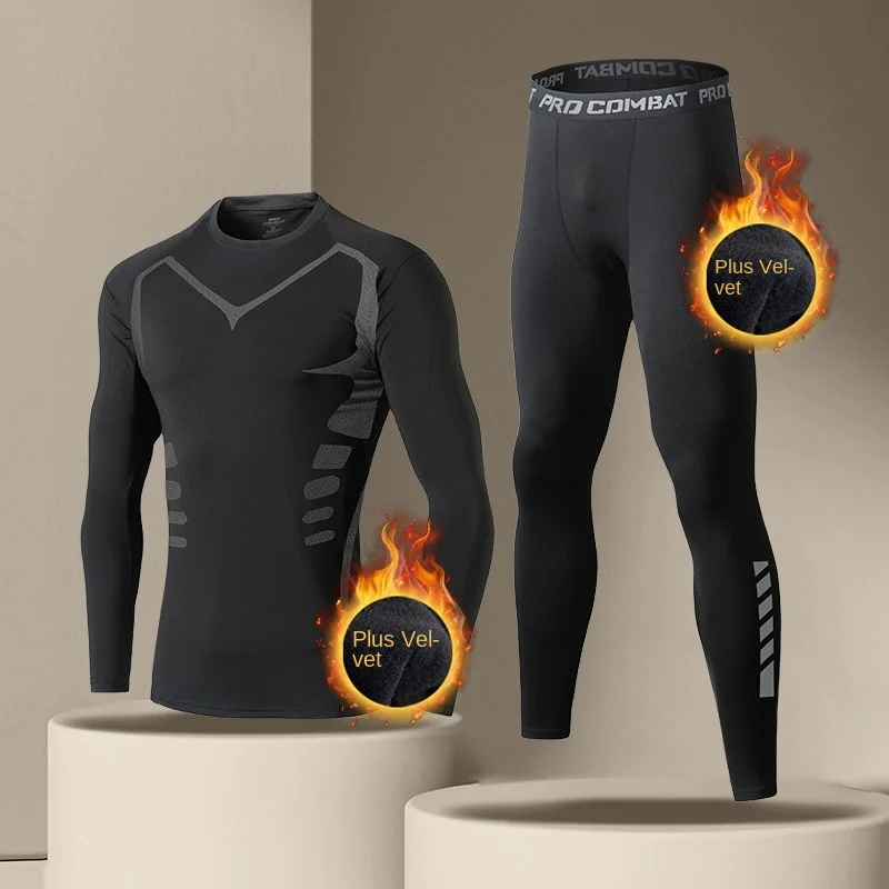 Tight fitting men's fleece thin warm underwear winter fitness set fashionable and comfortable sports quick drying training runni