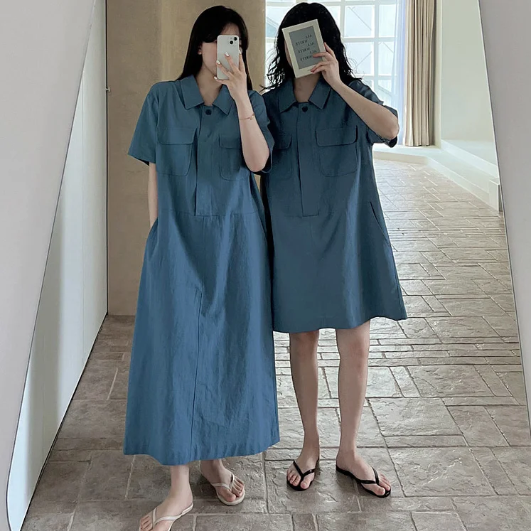 Korean Style Simple Shirt Collar One Button Double Pocket Casual Loose Dress Long And Short Versions High Waist Commute Skirt
