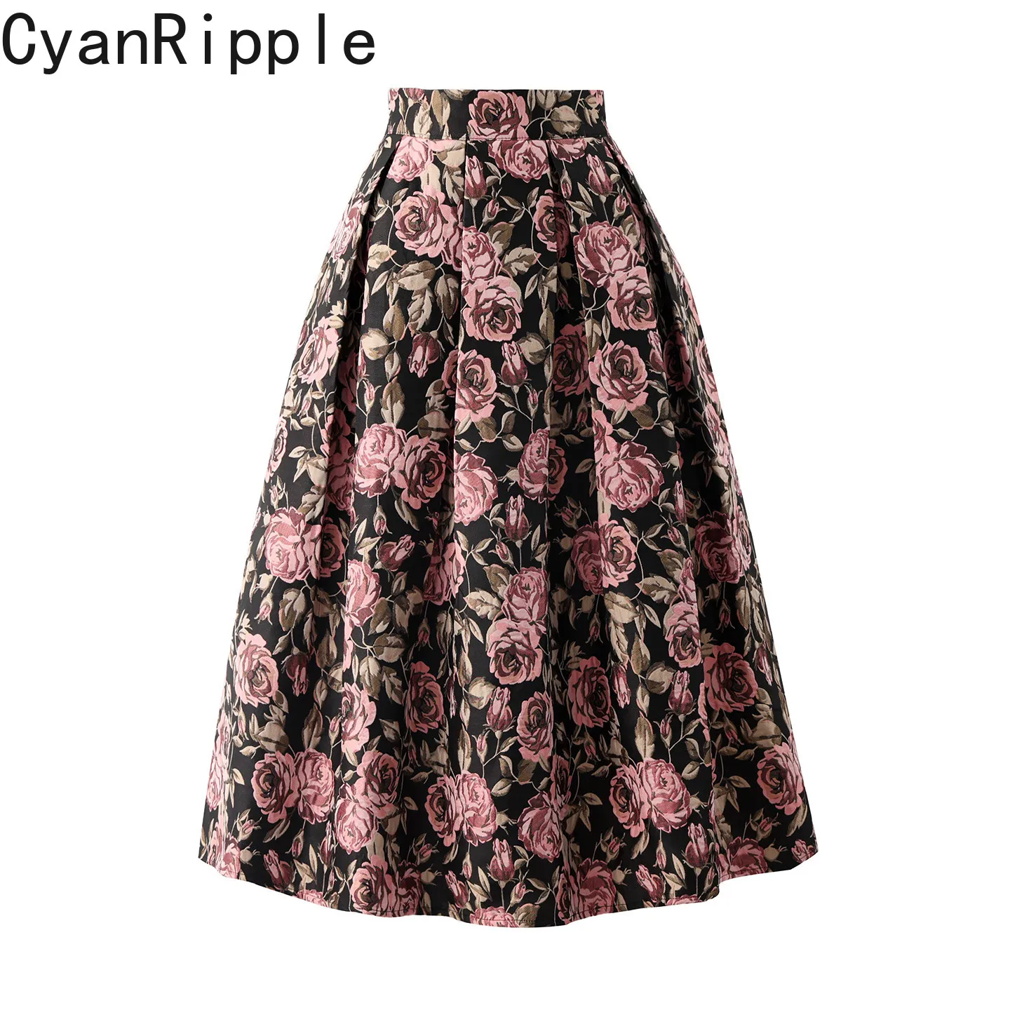 

High Quality New Spring Autumn Vintage Pink Rose Jacquard Mid-length Female A-line Skirt Elegant High Waist A-line Puff Skirts