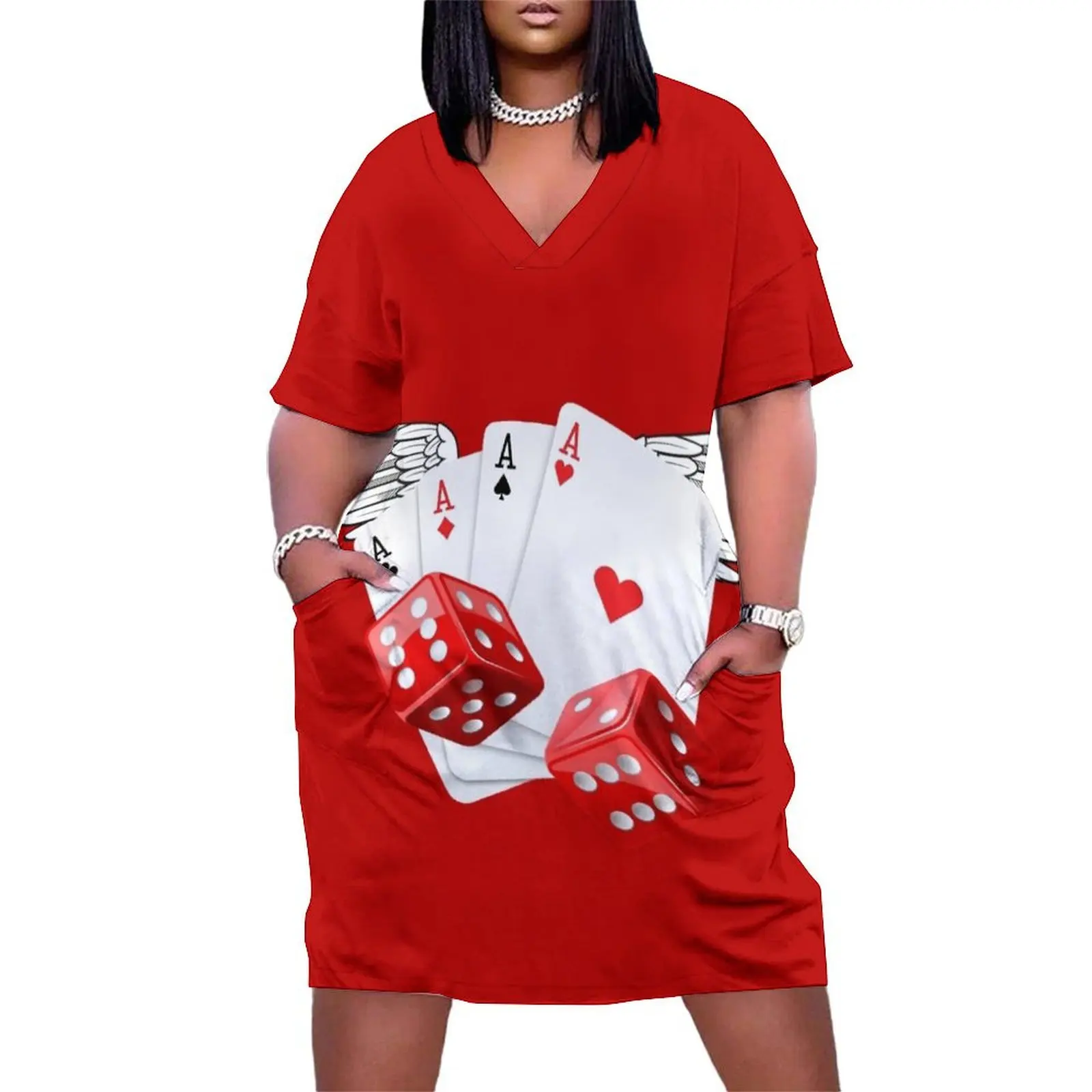 

Ace Poker cards with wings and dice. Loose Pocket Dress Woman"s evening dress fairy dress