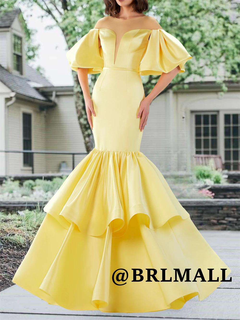 

BRLMALL Sheer Neck Mermaid Prom Dress Off the Shoulder Long Evening Dresses Customized Solid Formal Gowns Zipper Cocktail Gown