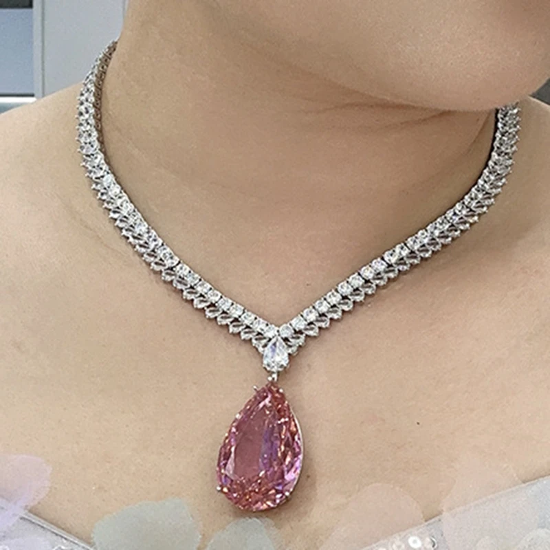 KQDANCE Luxury Large Pear Cut Lab Purple Yellow Pink Crystal Zirconia Diamond Pendant Tennis Necklace Wedding Party Jewelry