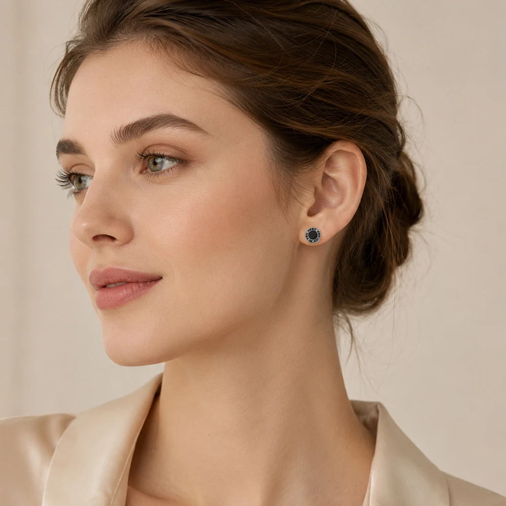 Runde schwarze kleine Ohrstecker im europäischen Stil, feiner goldener Schmuck für Frauen, brandneues Geschenk aus echtem 925er-Sterlingsilber – Detail 1
