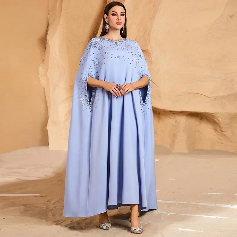 

Eid Rhinestone Beaded Batwing Sleeve Abaya Muslim Dress Women Robe Ethnic Dubai Moroccan Kaftan Ramadan Arabic Clothes