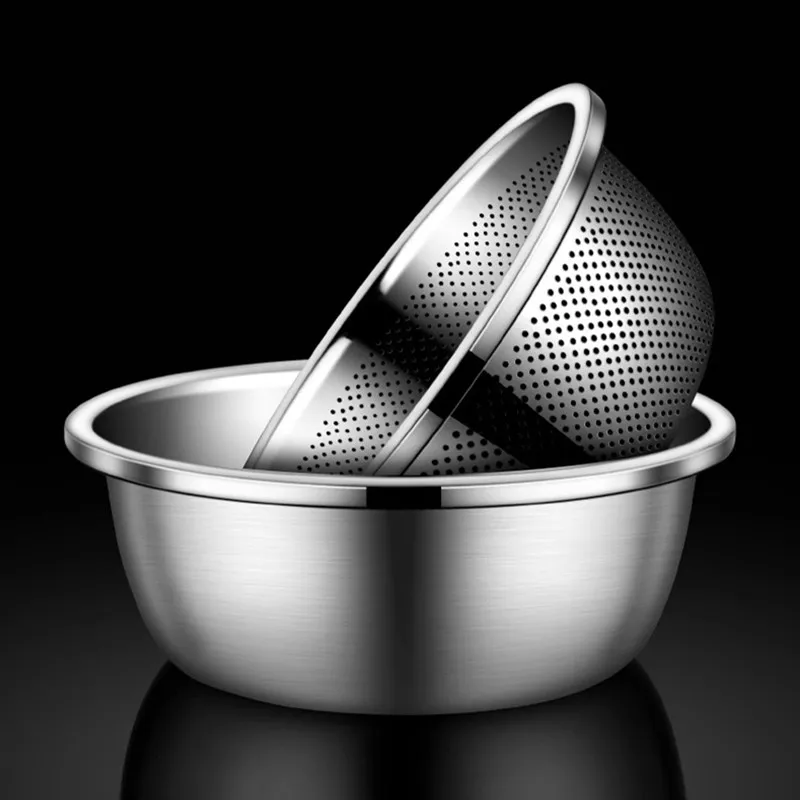 Stainless Steel Drain Basket Colander Round Rice Cleaning Sieve Fruit Vegetable Washing Basin Strainer Filter Kitchen Utensils