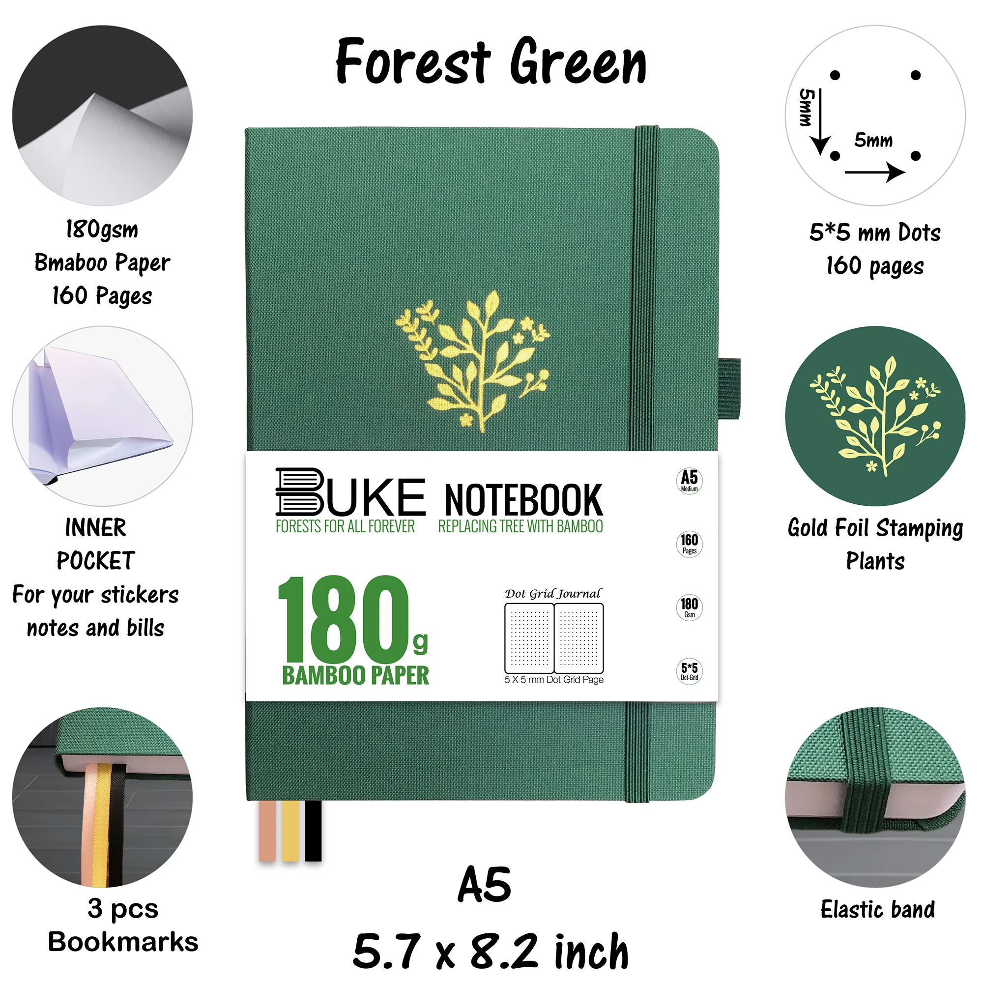 BUKE 180gsm BAMBOO PAPER Dot Grid JOURNAL Dotted Notebook Drawing books - forest green color