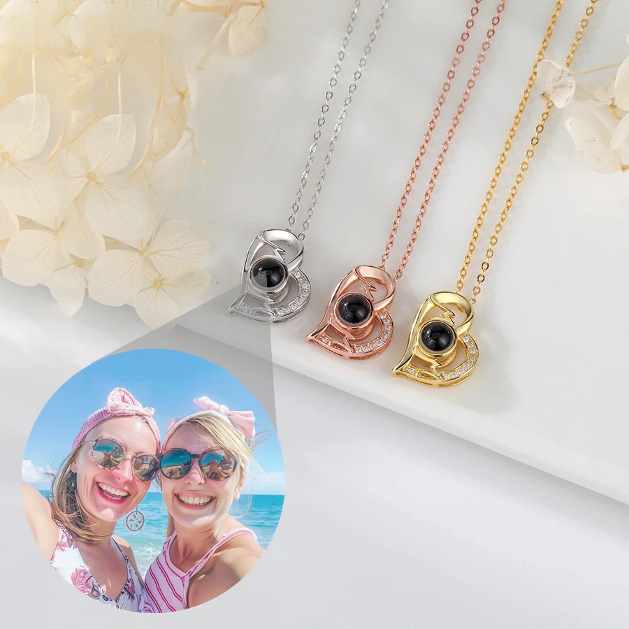 

Цветное фото на заказ, персонализированное проекционное ожерелье, косое сердце, кулон для женщин, ювелирное изделие на день рождения, день матери, подарок