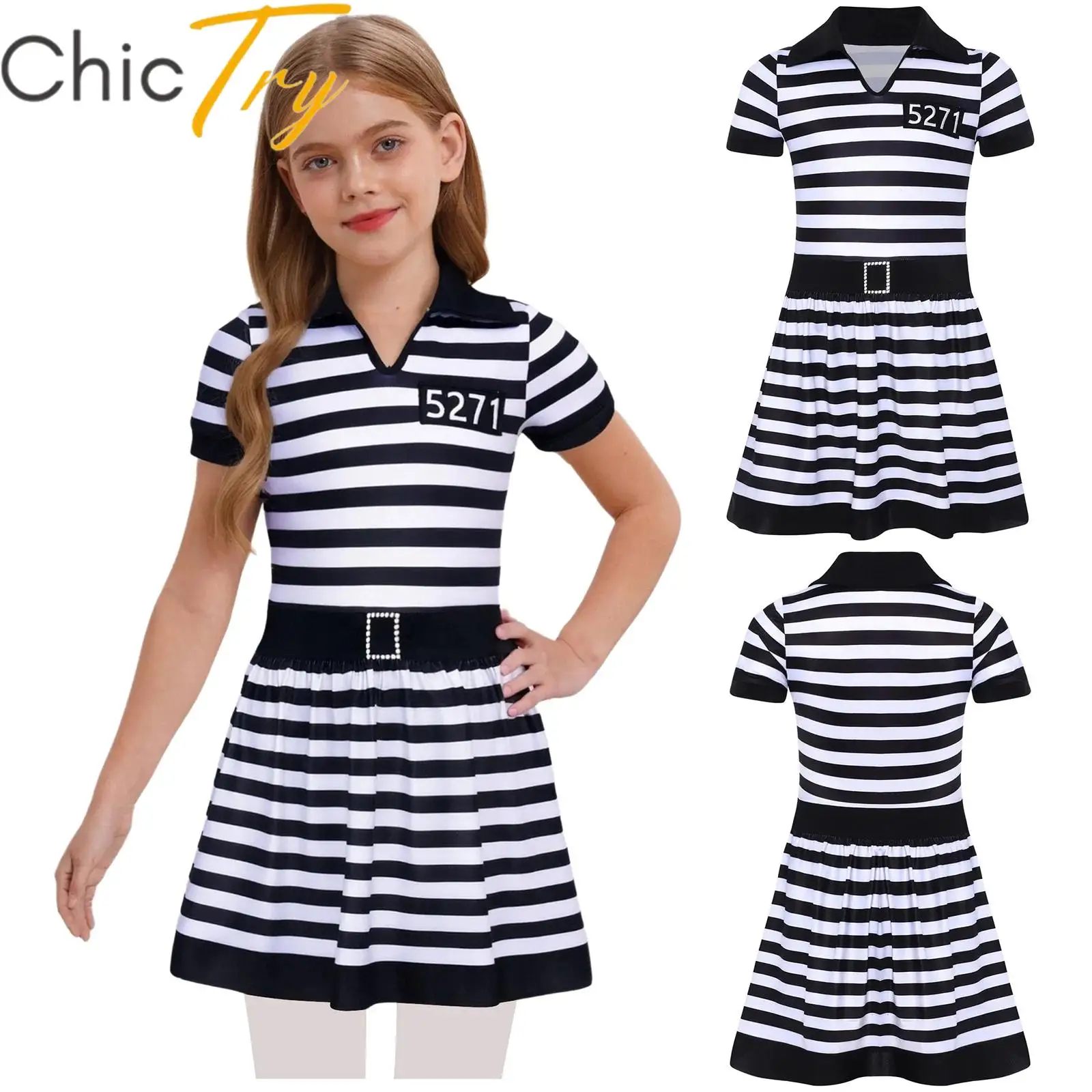 

Kids Girls Prisoner Cosplay Costume Halloween Themed Party Dress V Neck Short Sleeve Crotch Press Button Ruffled A-Line Skirt
