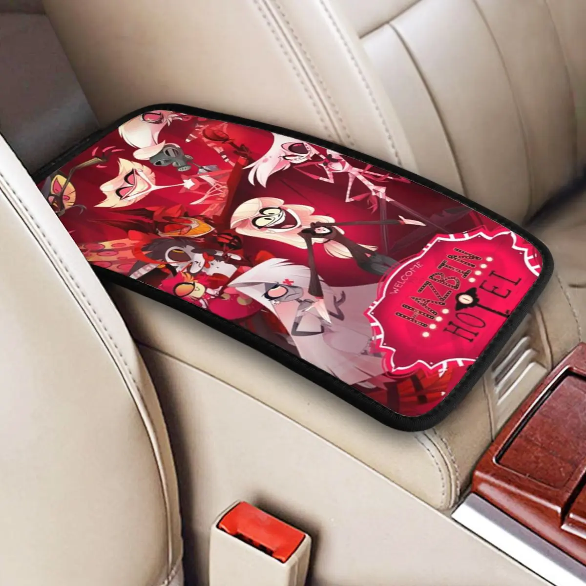 32x19cm Car Armrest Cover Mat Leather Hazbin Hotels Center Console Cover Pad Doll Anime Car Interior Accessories Four Seasons