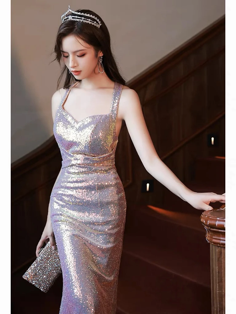 

Halter Glitter Bridesmaid Dresses Sleeveless Floor Length Backless Woman Mermaid High-Waist Elegant Party Evening Prom Gowns