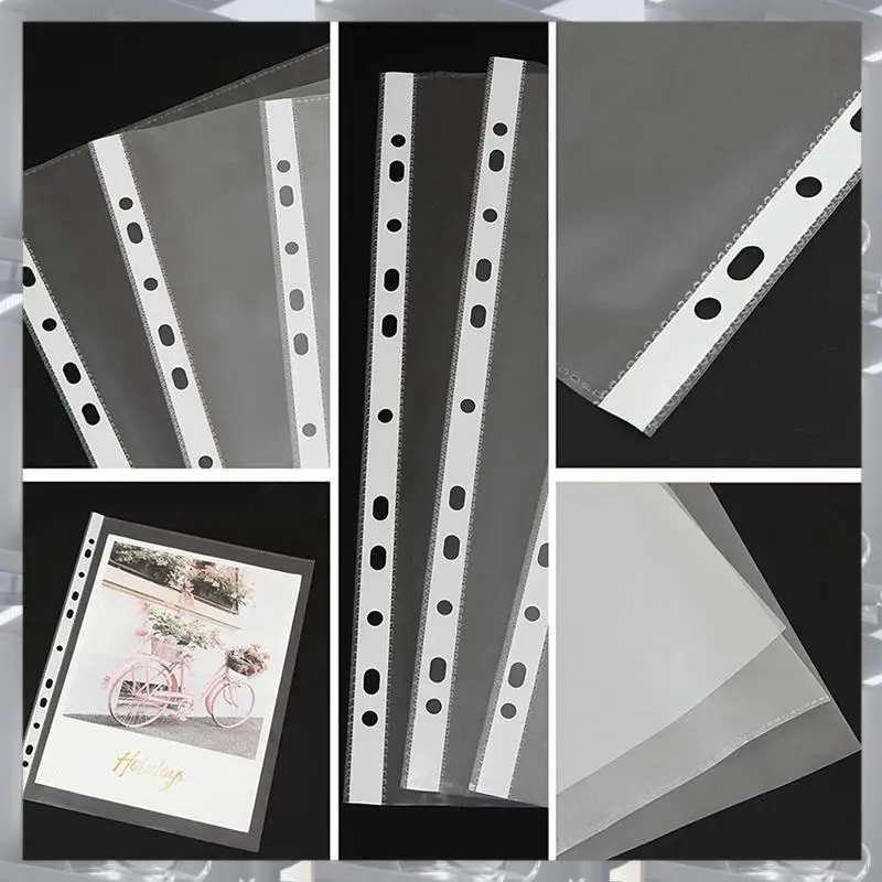 

Hot Selling-200Pages A4 Punched Pocket, Clear 11-Hole Sheet Protector Binder Pocket Paper File Letter Sheet Binder Sleeves 8 Sil