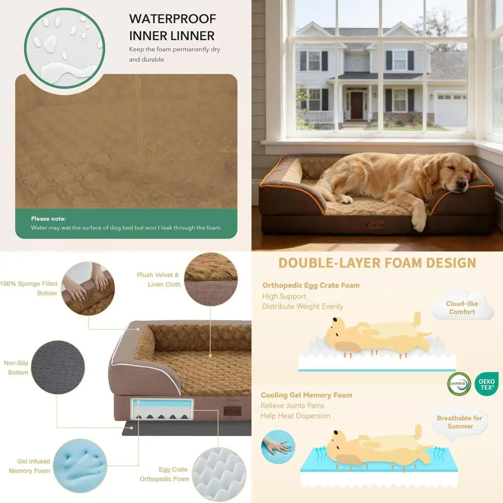 

Extra Large XL Orthopedic Dog Bed, Waterproof Memory Foam with Sides, 42x30 Inch, Non-Slip, Removable Cover, Brown