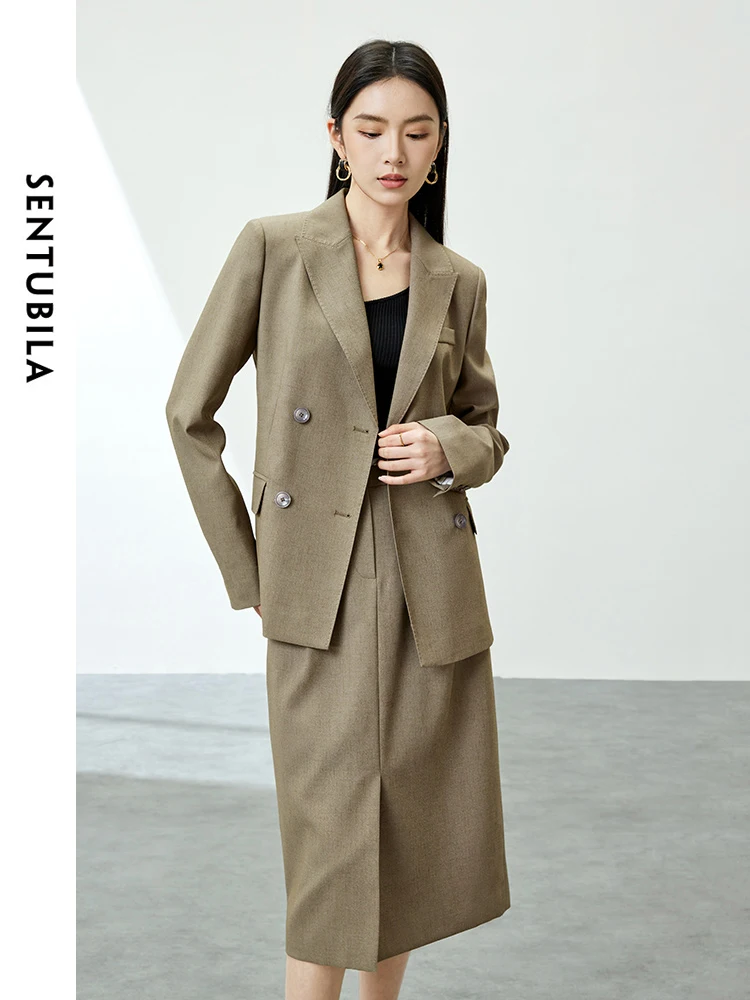 SENTUBILA Office Lady Elegant 2 Pieces Outfits Blazer Skirt Sets 2024 Spring Autumn Belted Tailored Coat Split Skirt 141Z53378