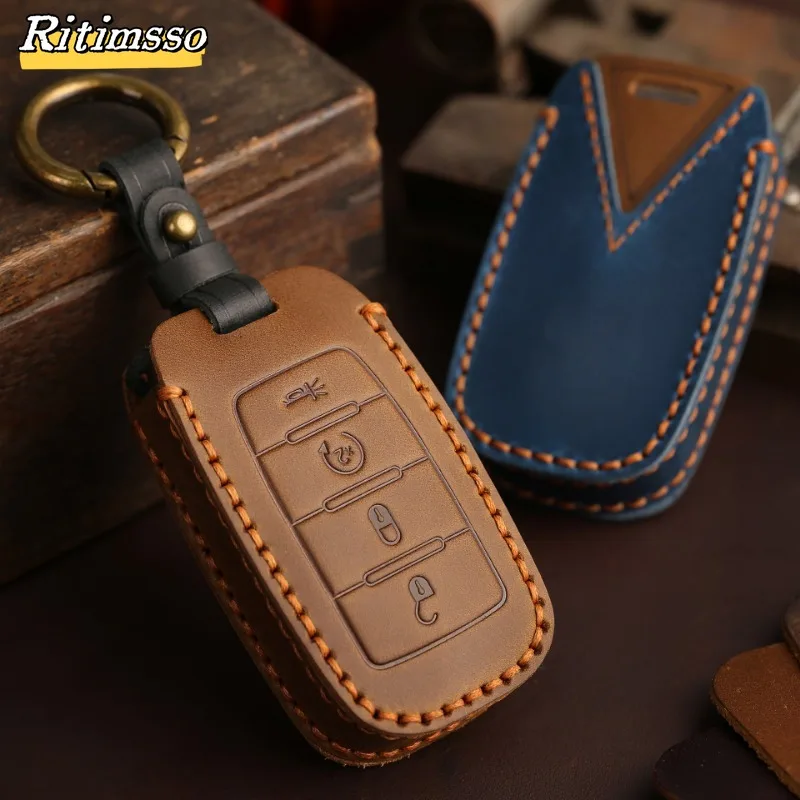 Leather Car Key Case Cover for Dodge RAM 1500 2500 3500 4500 5500 TRX Pickup 2019 2020 2021 2022 Chrysler Jeep Grand Cherokee