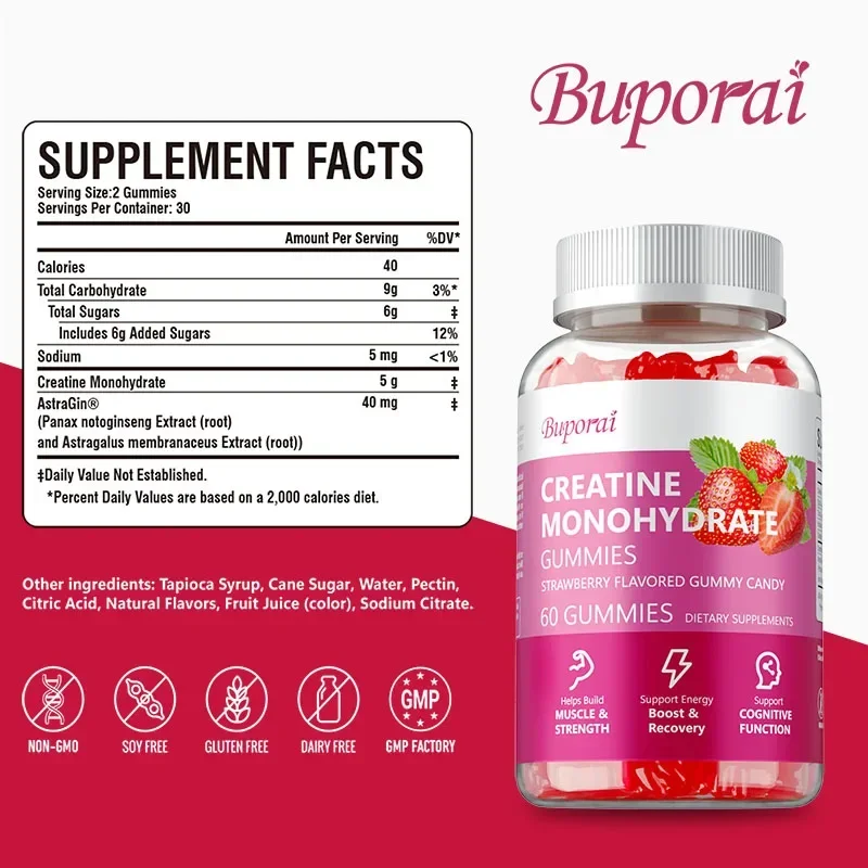 Creatine Monohydrate Gummies - Supports Muscle, Cognitive Health and Memory, Relieves Muscle Soreness and Improves Endurance