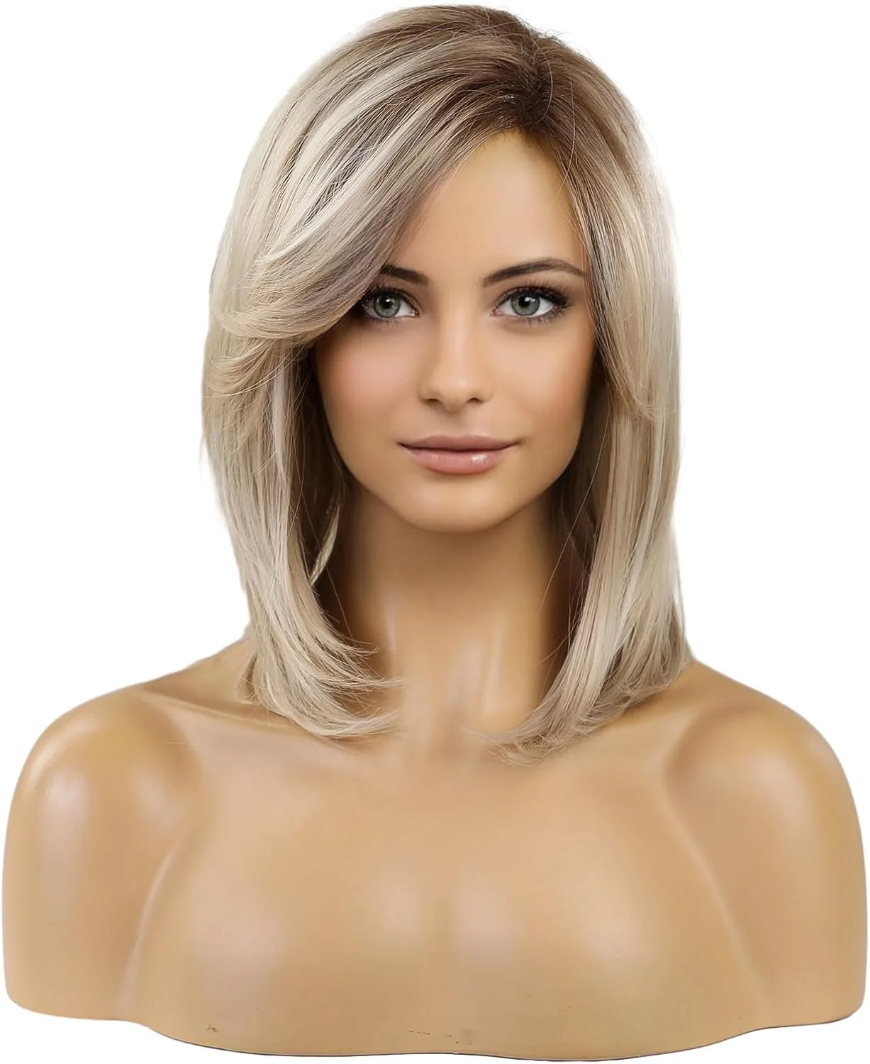 

Blonde Wig for Women Bob Shoulder Length Layered Synthetic Dark Roots Wigs