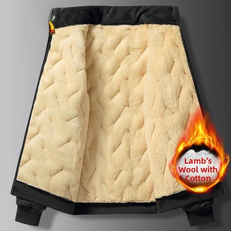 Jaket Pria Musim Dingin Bahan Katun Beludru Domba Longgar, Hangat, Modis, Serbaguna, Serat Poliester, Penutup Ritsleting, Warna Polos