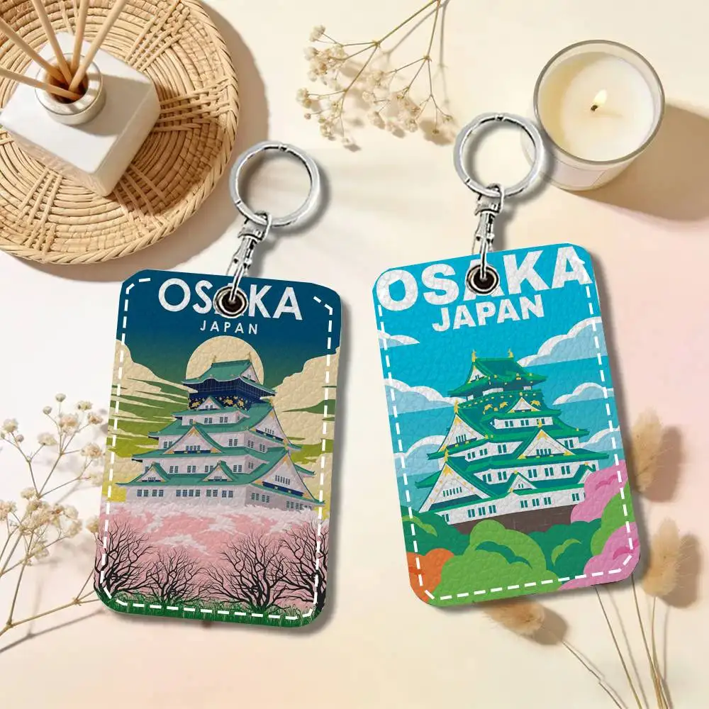 Osaka Scenic Landmark Card Case Keychain Access Card Bag Key Tag Ring Leather Card Holder Key Ring Access