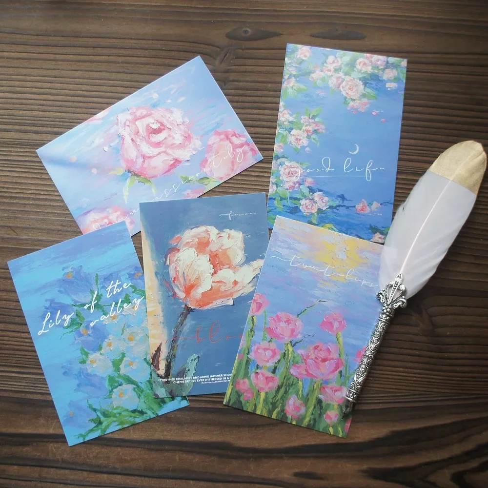 

15pcs Oil Stick Painting Rose Flowers By The Sea Card As Scrapbooking Party Invitation DIY Decoration Gift Message Card Postcard