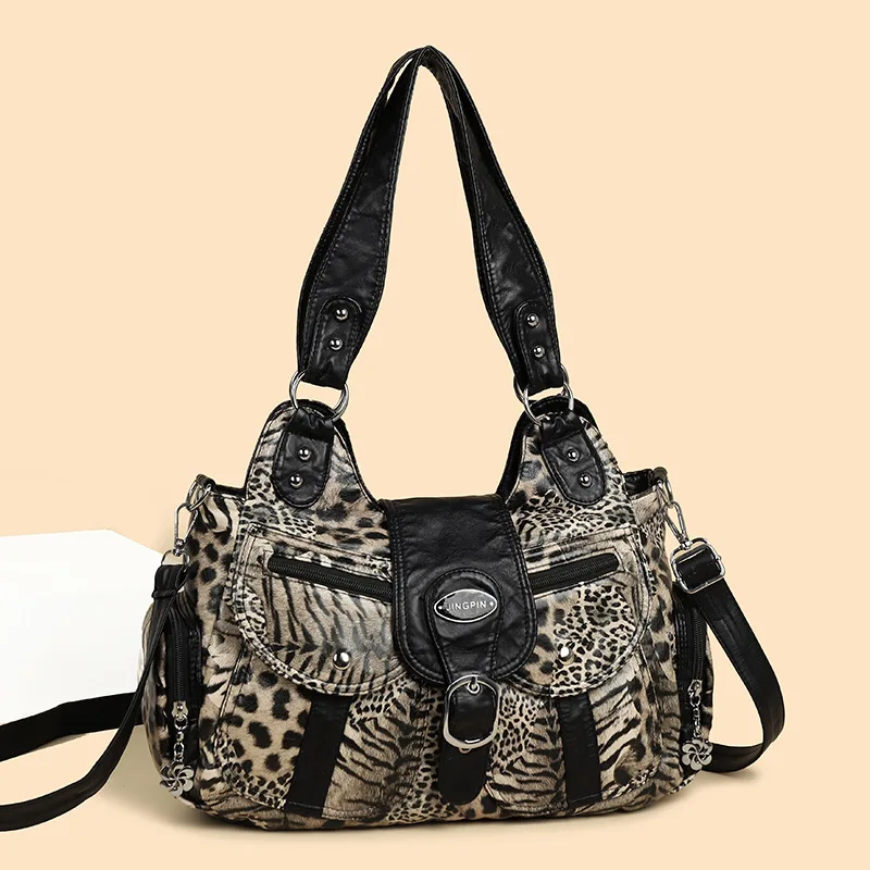 

Multi Pocket Leopard Print Rivet Crossbody Shoulder Bag,Women Matal Sudded Top Handle Handbag,Commuter Work Edgy Flip Tote Bag