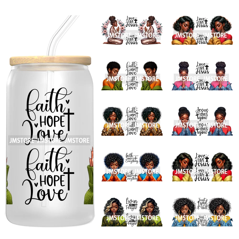 

Black Girl Faith Hope Prayer Afro Women Jesus UV DTF Cup Wrap Ready To Apply Transfer Sticker For 16OZ Libbey Glass Cup Tumbler