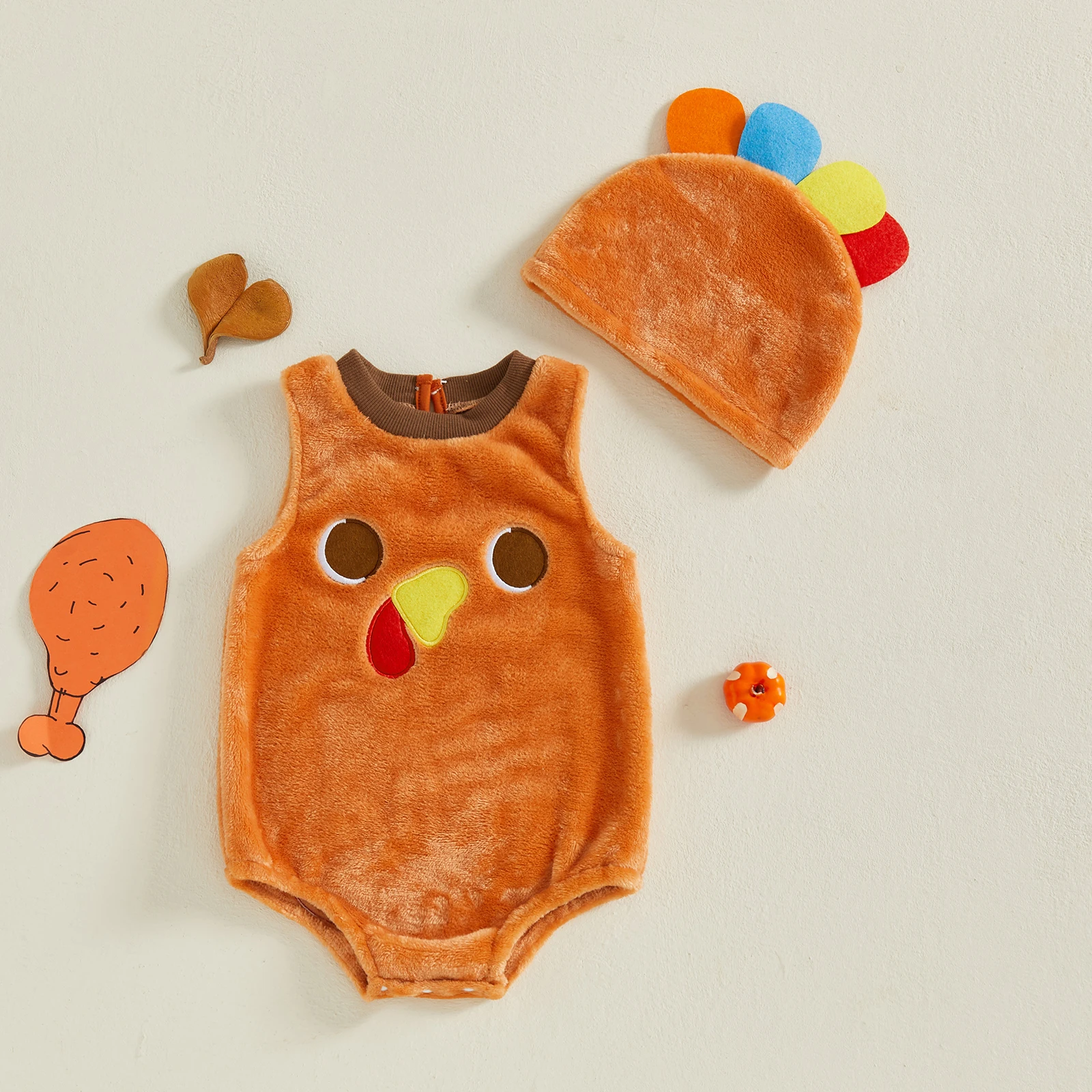 

VISgogo Baby Thanksgiving Turkey Costume Plush Sleeveless Round Neck Romper with Hat 2 Pcs Set