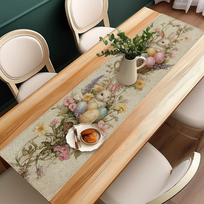1Pc Home Kitchen Party Table Runner, Table Fabric, Table Accessories, Tableware, Tablecloth, Easter Theme, Easter Eggs Decorated with Cute Rabbits and Flowers, and Delicate Butterflies