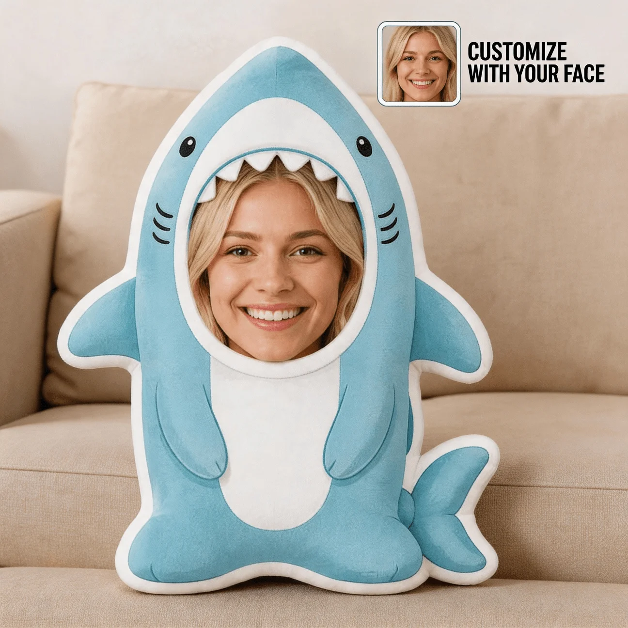 Custom Personalized Photo Face Pillow, Shark Shape Custom Shaped Decorative Cushion with Double-Sided Printing, 60cm Large Size