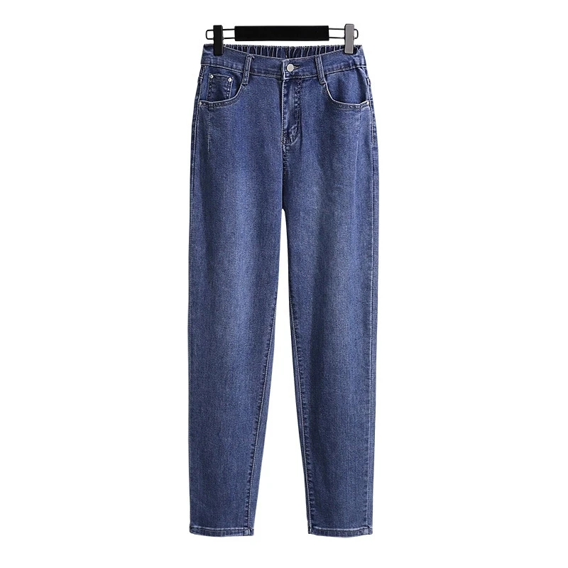 Plus Size 7XL 170kg Autumn Spring Denim Pants Vintage Female Korean High Elastic Waist Casual Long Navy Blue Jeans Trousers