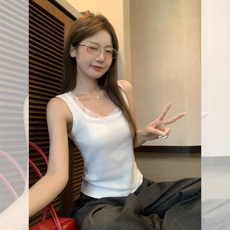 

Белый кружевной лоскутный дизайнерский жилет для женщин, новинка лета 2025 года, облегающий топ без рукавов