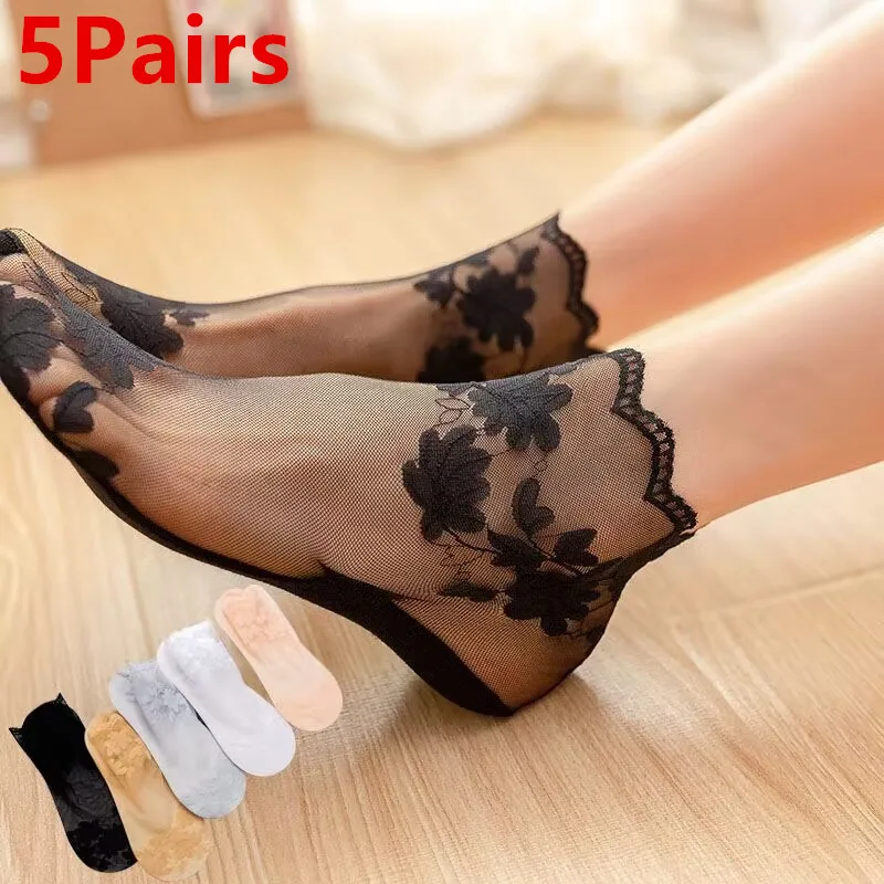 

5 Pairs/Lot Socks women's Lace Transparent Lolita Invisible Summer Thin Non-slip Short Ankle Black Low Cut Boat Sock