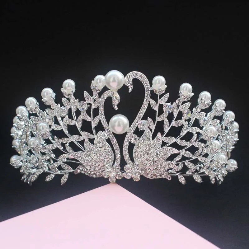 

Crystal Swan Tiara Design Pearl Crown Wedding Party Hair Trim Silver Harem Bride Hair Accessories De Noiva Jewelry NA