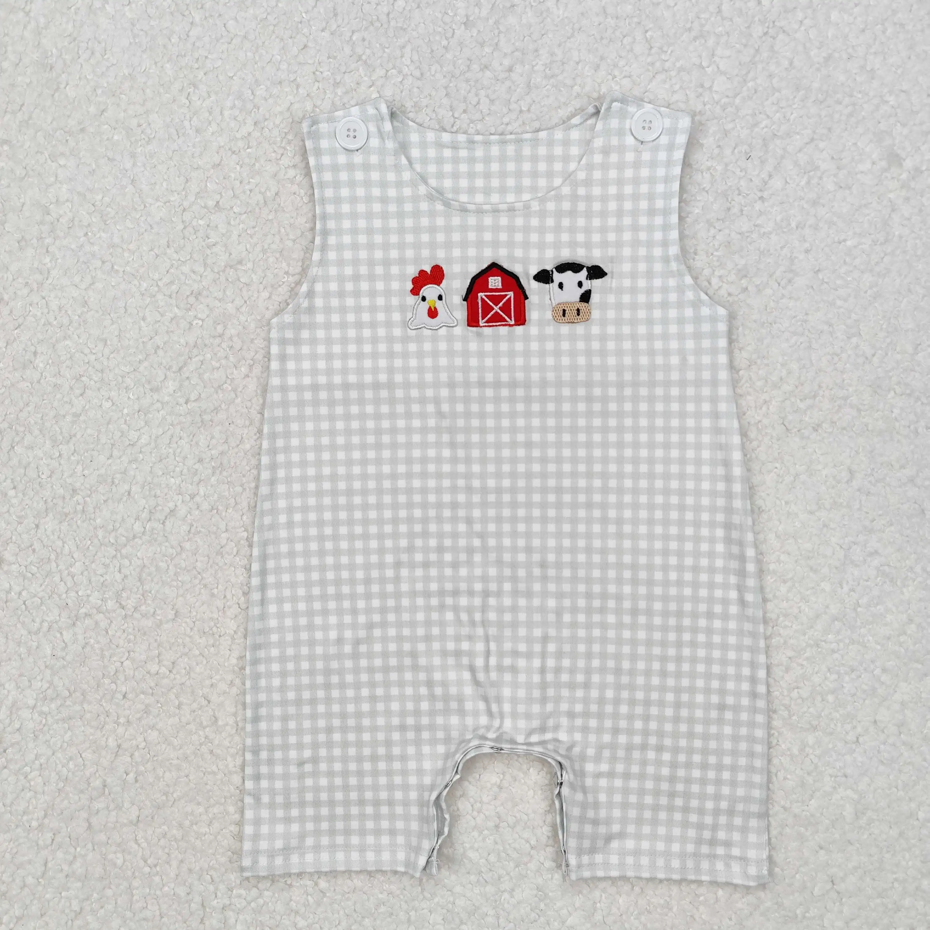 Western clothes Unisex Modal Embroidery farm animals plaid green bow Romper High Quality long Sleeve baby jumpsuit