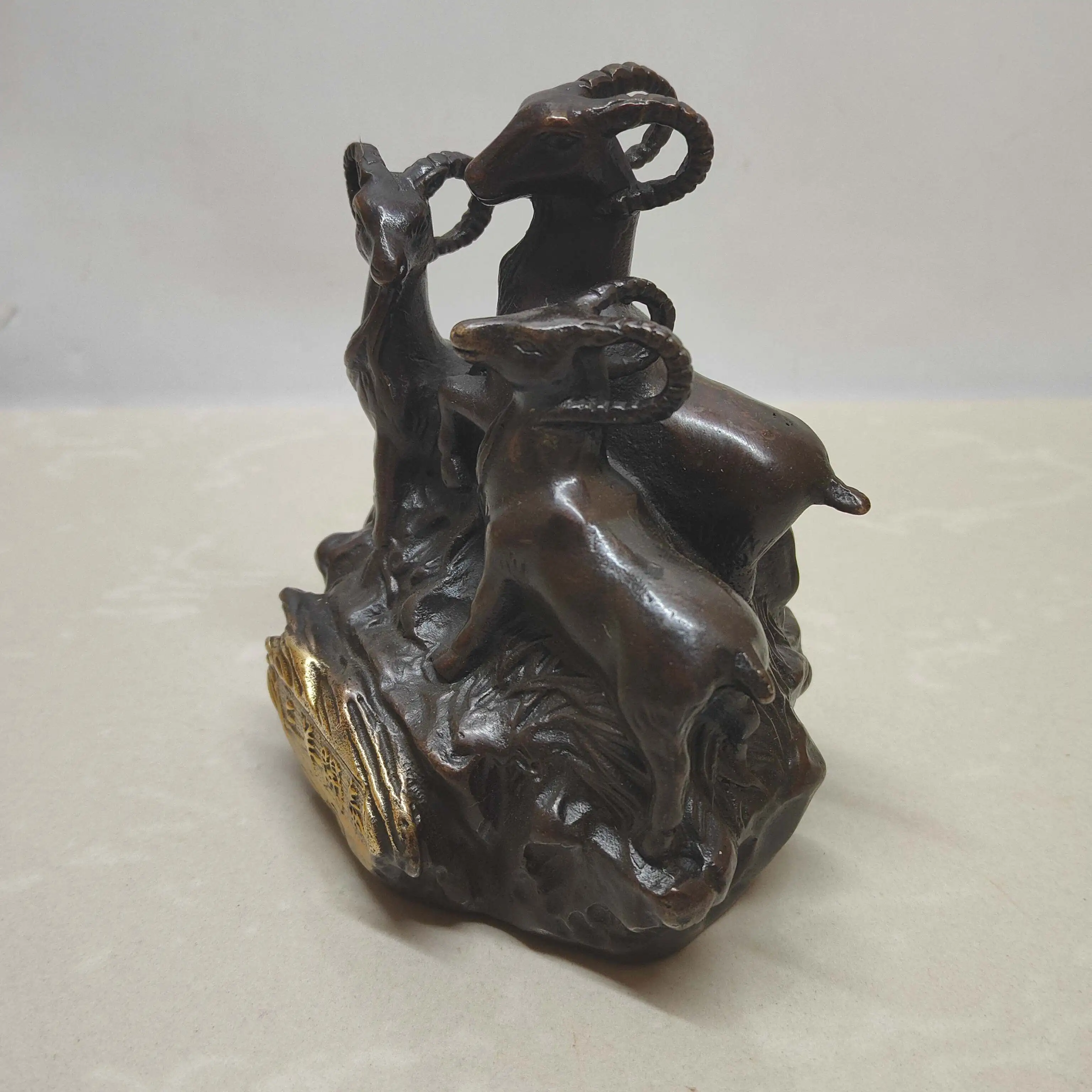 Vintage Brass Three Rams Kai Tai Statue Chinese Zodiac Goat Lucky Wealth Feng Shui Decor