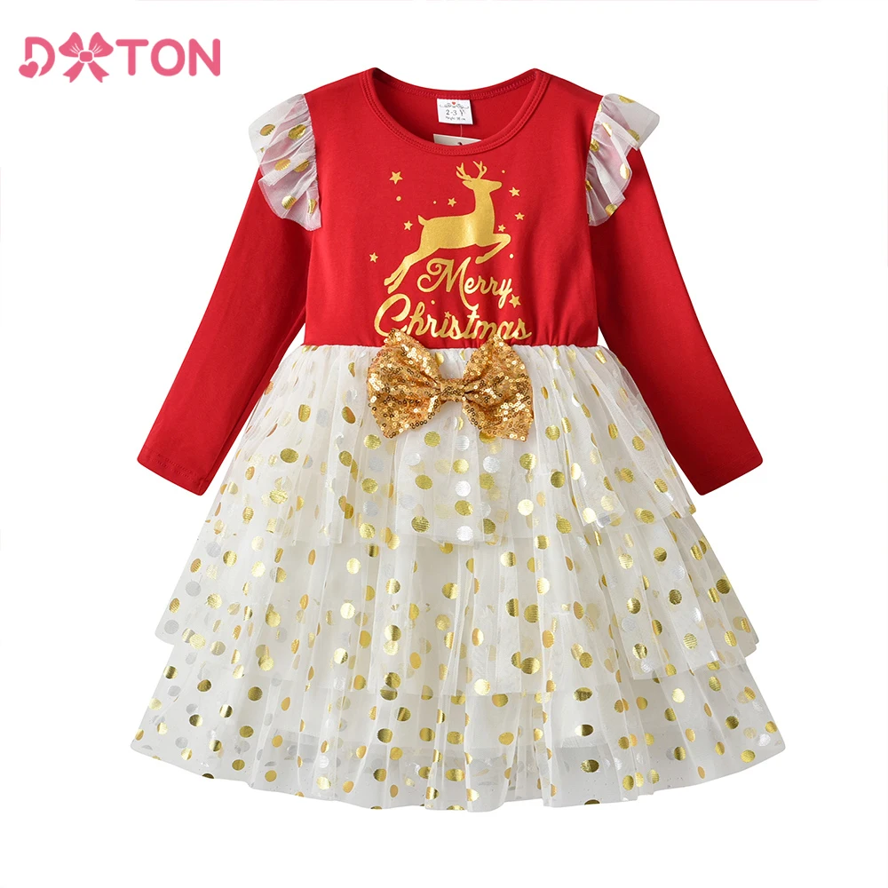 DXTON Girls Christmas New Year Gift Elk Print Dresses Kids Polk Dot Layered Mesh Princess Dresses with Bow Knot Kids Red Dress