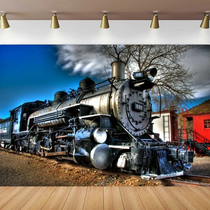 Old Train Locomotive Photography Backdrop Vintage Steam Engine Train Railway Background Adult Man Boy Portrait Nostalgia Poster