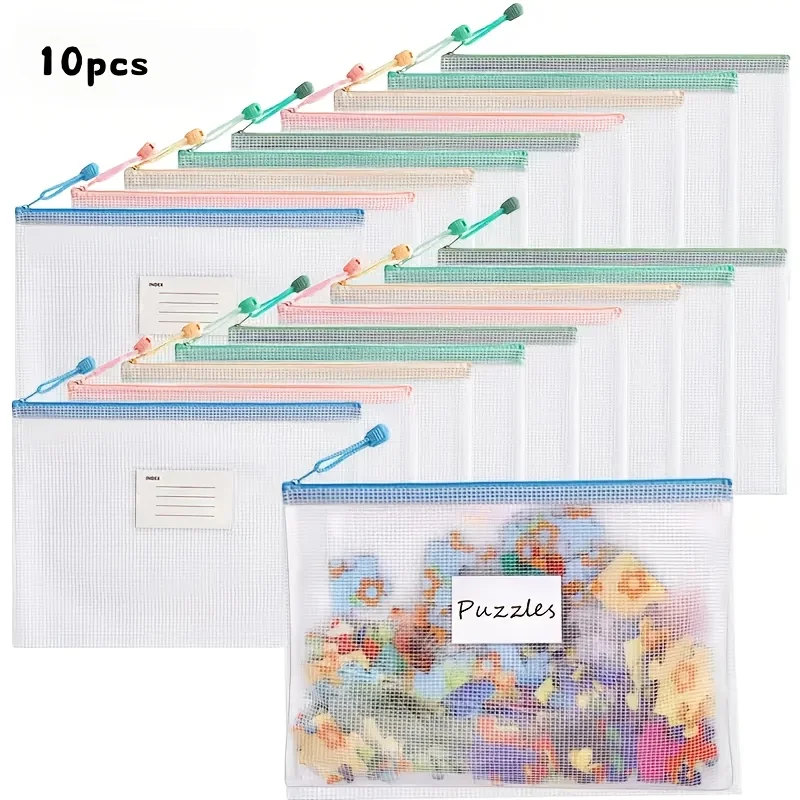 

10 или 20 шт. прозрачные сетчатые сумки для хранения на молнии с этикетками-органайзер для файлов формата А4, подходит для пазлов, сумок для офисных принадлежностей